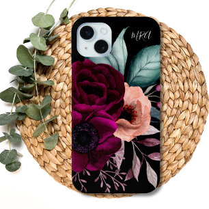 Monogram Romantische Vintage Boho Paarse Bloemen iPhone 15 Mini Hoesje