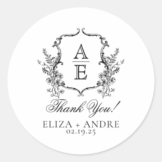 Monogram rond zwart-wit ronde sticker (Voorkant)