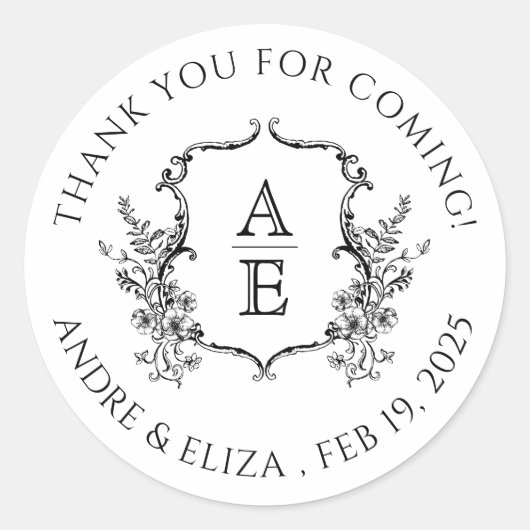 Monogram rond zwart-wit ronde sticker (Voorkant)