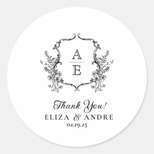 Monogram rond zwart-wit ronde sticker (Voorkant)