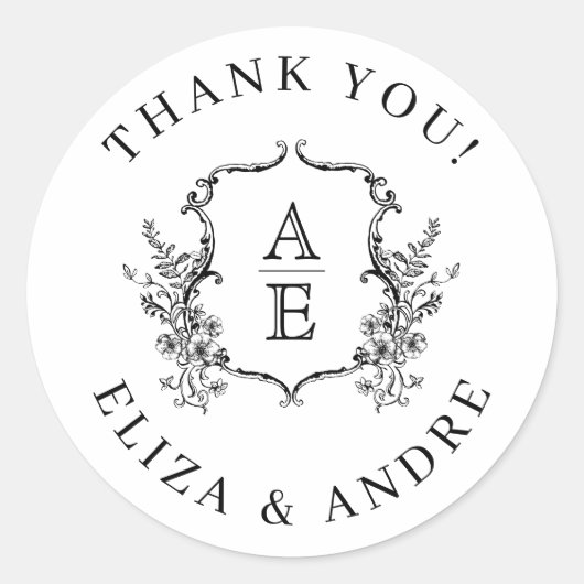 Monogram rond zwart-wit ronde sticker (Voorkant)