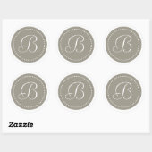 Monogram Ronde aluminium zilver/witte stip rand Ronde Sticker (Vel)