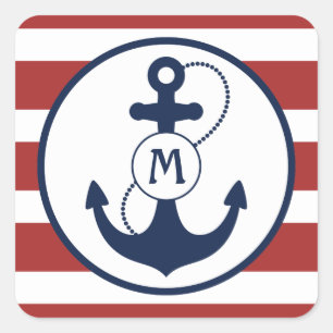 Monogram rood anker vierkante sticker