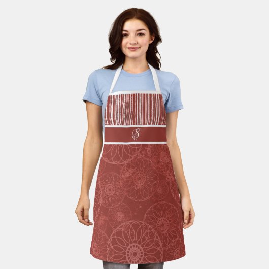 Monogram rood boho patroon en witte strepen schort (Gedragen)