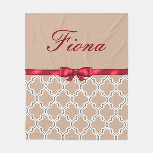 Monogram Rood Bow Ribbon en Witte Quatrefoil Fleece Deken (Voorkant)