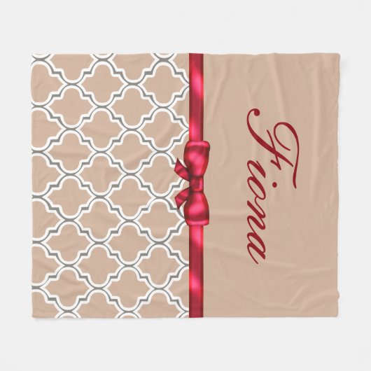 Monogram Rood Bow Ribbon en Witte Quatrefoil Fleece Deken (Voorkant (Horizontaal))