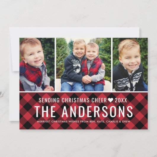 Monogram rood buffel geplakt fotocollage feestdagenkaart (Voorkant)