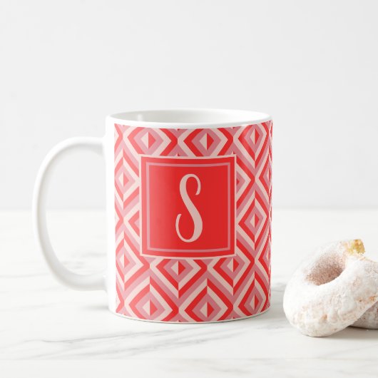 Monogram Rood Drietonig Diamantpatroon Koffiemok (Met donut)