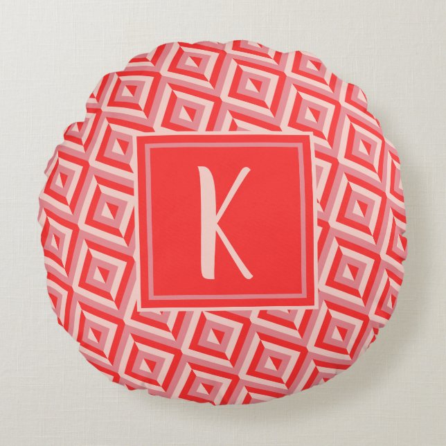 Monogram Rood Drietonig Diamantpatroon Rond Kussen (Voorkant)
