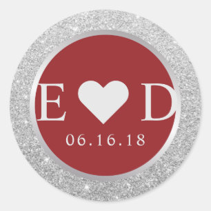 Monogram Rood Elegant Zilver Glitter Bruiloft Ronde Sticker