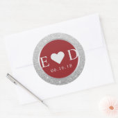 Monogram Rood Elegant Zilver Glitter Bruiloft Ronde Sticker (Envelop)