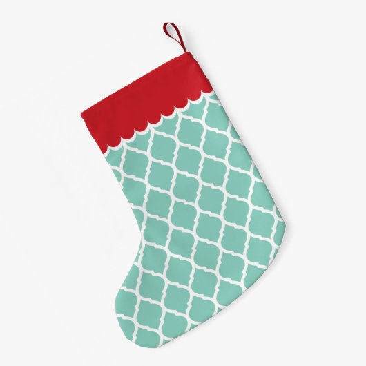 Monogram Rood en Aqua Moroccan Quatrefoil Kleine Kerstsok (Achterkant (Hangend))