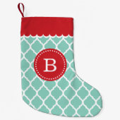 Monogram Rood en Aqua Moroccan Quatrefoil Kleine Kerstsok (Voorkant)