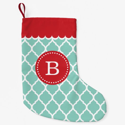 Monogram Rood en Aqua Moroccan Quatrefoil Kleine Kerstsok (Voorkant)