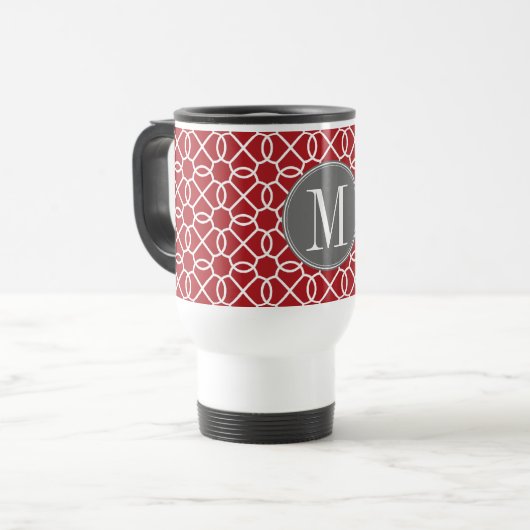 Monogram rood en grijs Geometrisch Patroon Reisbeker (Voorkant links)