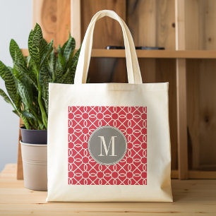 Monogram rood en grijs Geometrisch Patroon Tote Bag