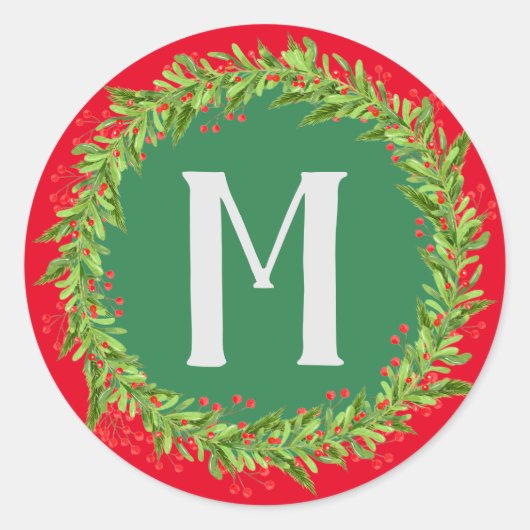 Monogram Rood en Groen kerstfeest Ronde Sticker (Voorkant)