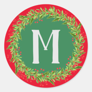 Monogram Rood en Groen kerstfeest Ronde Sticker