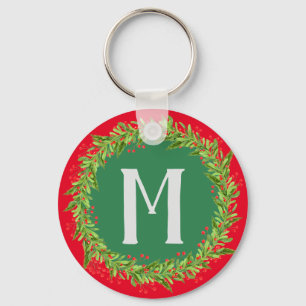 Monogram Rood en Groen Kerstmis Wreater Sleutelhanger