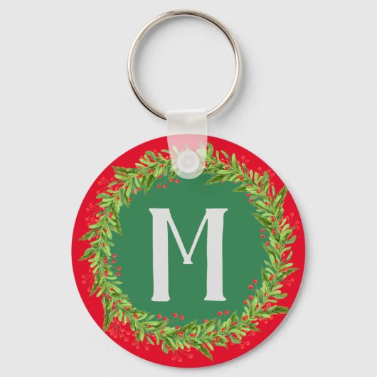 Monogram Rood en Groen Kerstmis Wreater Sleutelhanger (Voorkant)