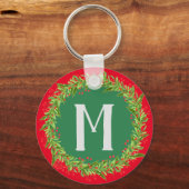 Monogram Rood en Groen Kerstmis Wreater Sleutelhanger (Voorkant)