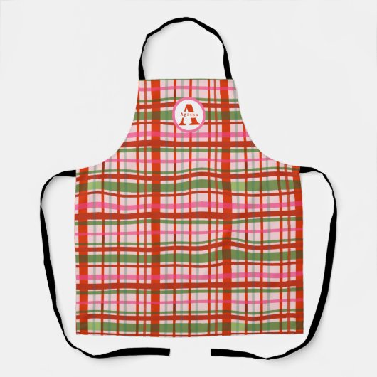 Monogram Rood en Groen Schots Kerst Tartan Schort (Voorkant)