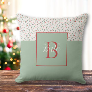 Monogram rood en lichtgroen vakantiepatroon kussen