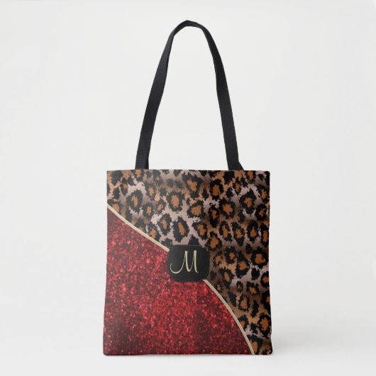 Monogram - Rood en luipaarspatroon Tote Bag (Voorkant)