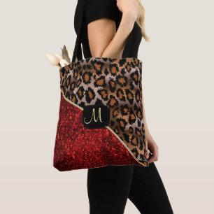 Monogram - Rood en luipaarspatroon Tote Bag