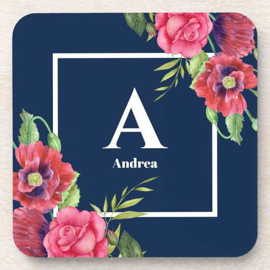 Monogram Rood en Roze Bloemen Donkere Navy Blauw Bier Onderzetter (Voorkant)