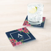Monogram Rood en Roze Bloemen Donkere Navy Blauw Glazen Onderzetter (Schuin)