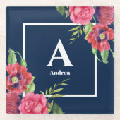 Monogram Rood en Roze Bloemen Donkere Navy Blauw Glazen Onderzetter (Voorkant)