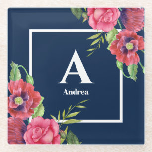 Monogram Rood en Roze Bloemen Donkere Navy Blauw Glazen Onderzetter