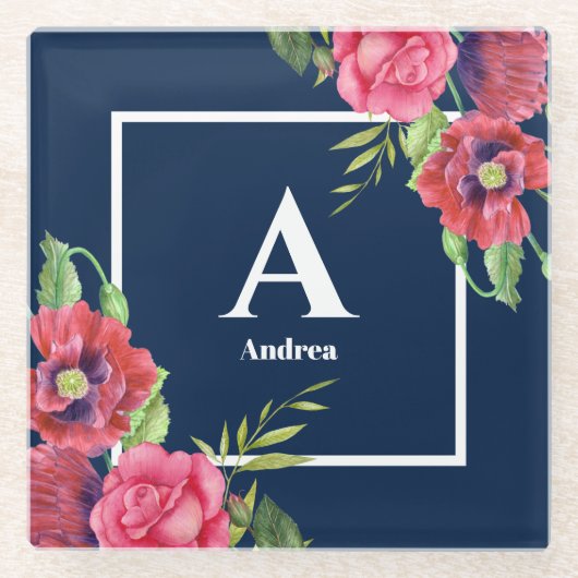 Monogram Rood en Roze Bloemen Donkere Navy Blauw Glazen Onderzetter (Voorkant)