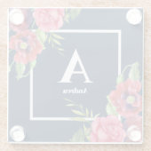 Monogram Rood en Roze Bloemen Donkere Navy Blauw Glazen Onderzetter (Achterkant)