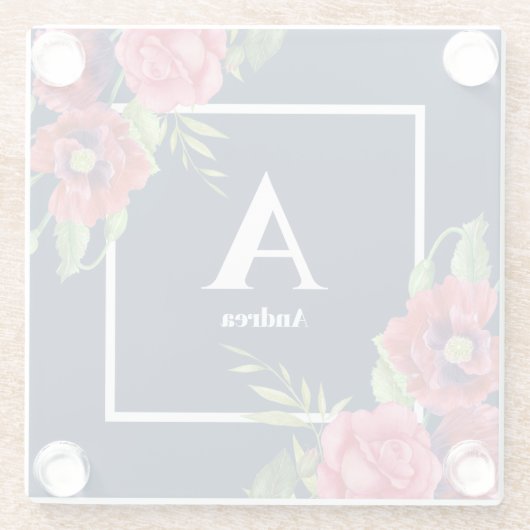 Monogram Rood en Roze Bloemen Donkere Navy Blauw Glazen Onderzetter (Achterkant)