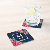 Monogram Rood en Roze Bloemen Donkere Navy Blauw Kartonnen Onderzetters (Insitu)