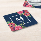 Monogram Rood en Roze Bloemen Donkere Navy Blauw Kartonnen Onderzetters (Schuin)