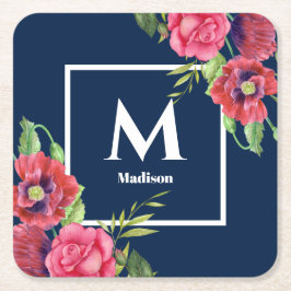 Monogram Rood en Roze Bloemen Donkere Navy Blauw Kartonnen Onderzetters