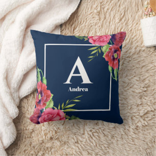 Monogram Rood en Roze Bloemen Donkere Navy Blauw Kussen