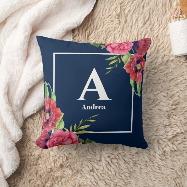 Monogram Rood en Roze Bloemen Donkere Navy Blauw Kussen (Deken)