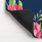 Monogram Rood en Roze Bloemen Donkere Navy Blauw Muismat (Hoek)