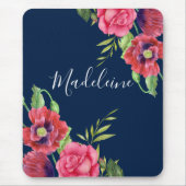 Monogram Rood en Roze Bloemen Donkere Navy Blauw Muismat (Voorkant)