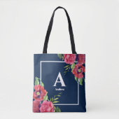 Monogram Rood en Roze Bloemen Donkere Navy Blauw Tote Bag (Voorkant)