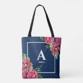 Monogram Rood en Roze Bloemen Donkere Navy Blauw Tote Bag (Achterkant)
