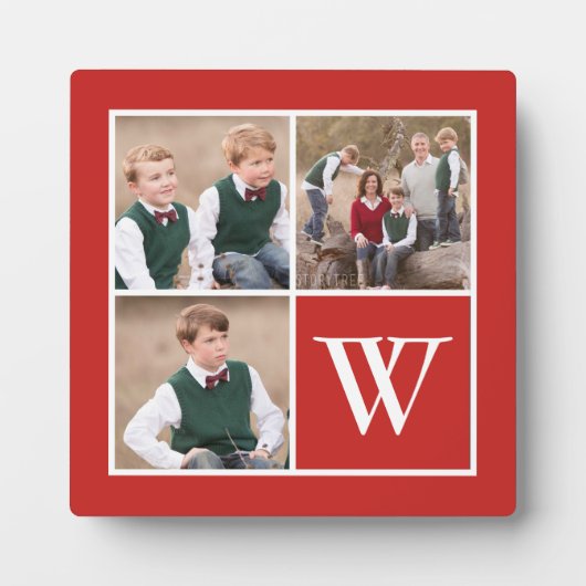 Monogram rood en wit 3 Foto Collage Family Fotoplaat (Voorkant)