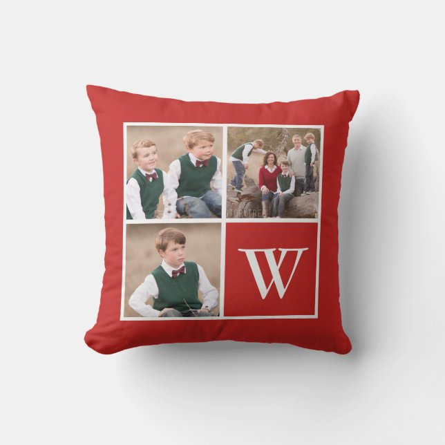 Monogram rood en wit 3 Foto Collage Family Kussen (Voorkant)