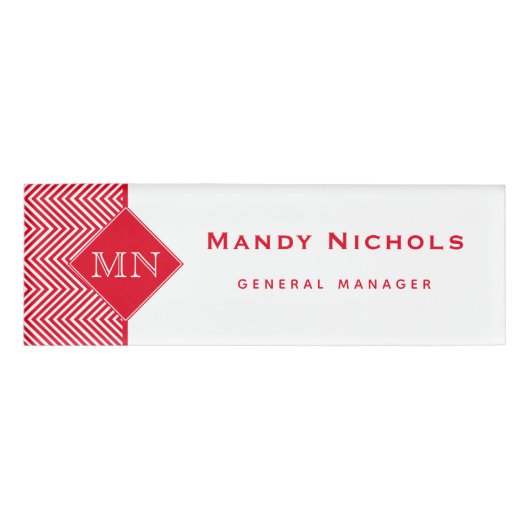Monogram rood en wit Abstract Chevron Pattern Naambadge (Voorkant)
