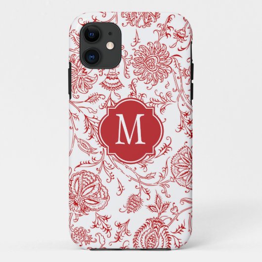 Monogram rood en wit bloempatroon Case-Mate iPhone case (Achterkant)