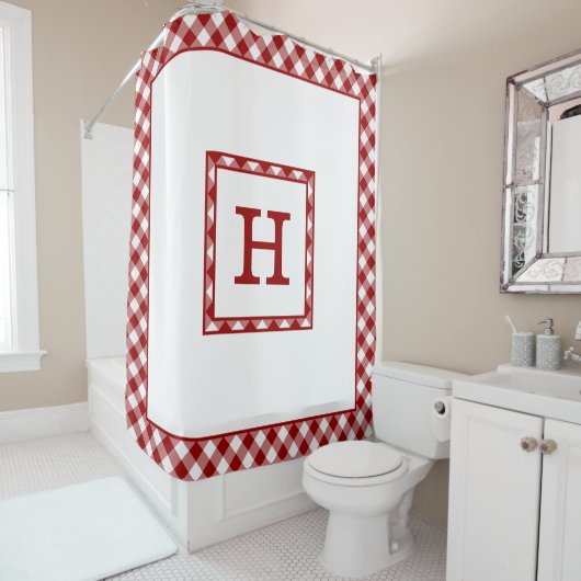 Monogram Rood en Wit Buffel Controleer Rand Douchegordijn (In situ)